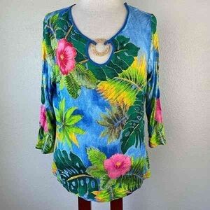Tropical Blue Floral Keyhole Women's Top